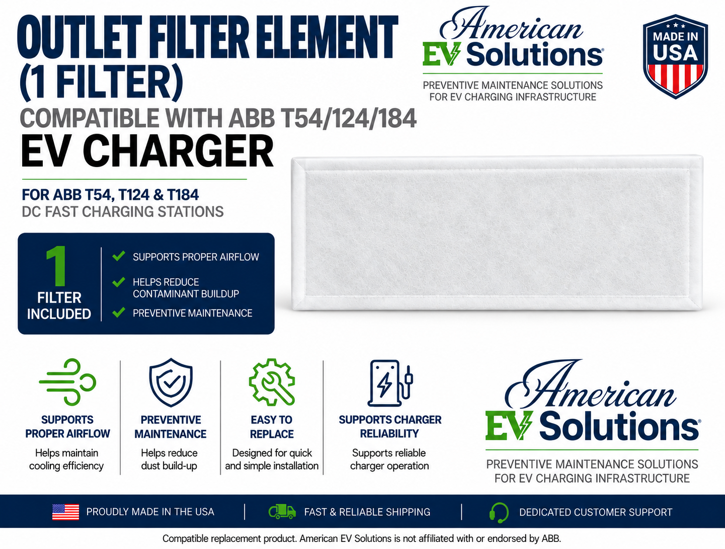 Single outlet replacement filter compatible with ABB Terra 54, Terra 124 and Terra 184 DC fast chargers